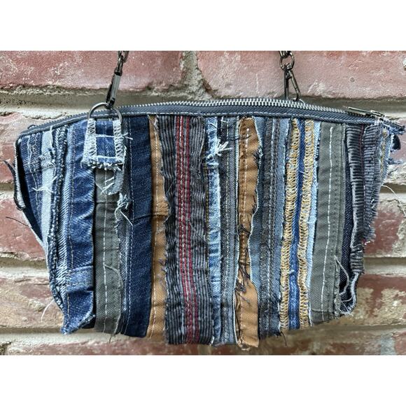 Upcycled Raw Edge Denim Scrap Crossbody Handbag Handmade Chain Boho Chic Hippy - Picture 3 of 10